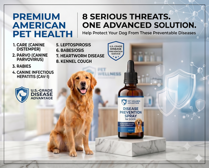 Disease Prevention Spray for Dogs Canine Distemper (Care Disease)  Canine Parvovirus (Parvo) Rabies Exposure Risks Canine Infectious Hepatitis (CAV-1) Leptospirosis Babesiosis Heartworm Disease Risks Kennel Cough