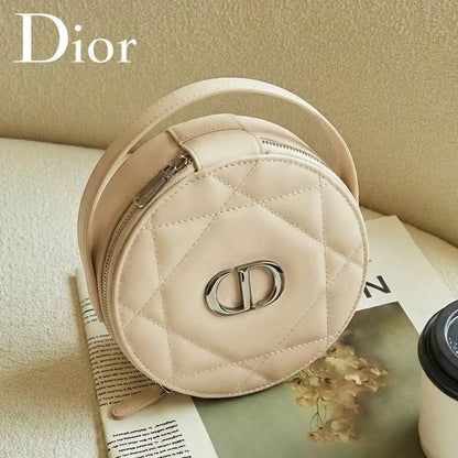 Christian Dior Dior’s bag Luxury Pink Round Genuine Leather Wallet Built-in Dior Mirror Zipper Closure With Makeup Brush Storage