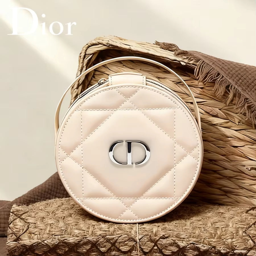 Christian Dior Dior’s bag Luxury Pink Round Genuine Leather Wallet Built-in Dior Mirror Zipper Closure With Makeup Brush Storage